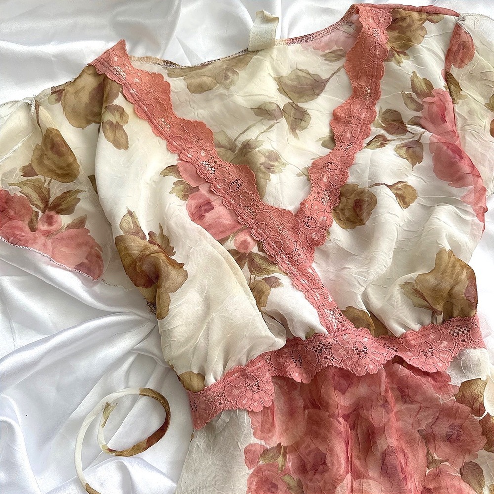 Poetry Clothing Floral Lace Trim Babydoll Top Sheer Pink Cream XL Coquette